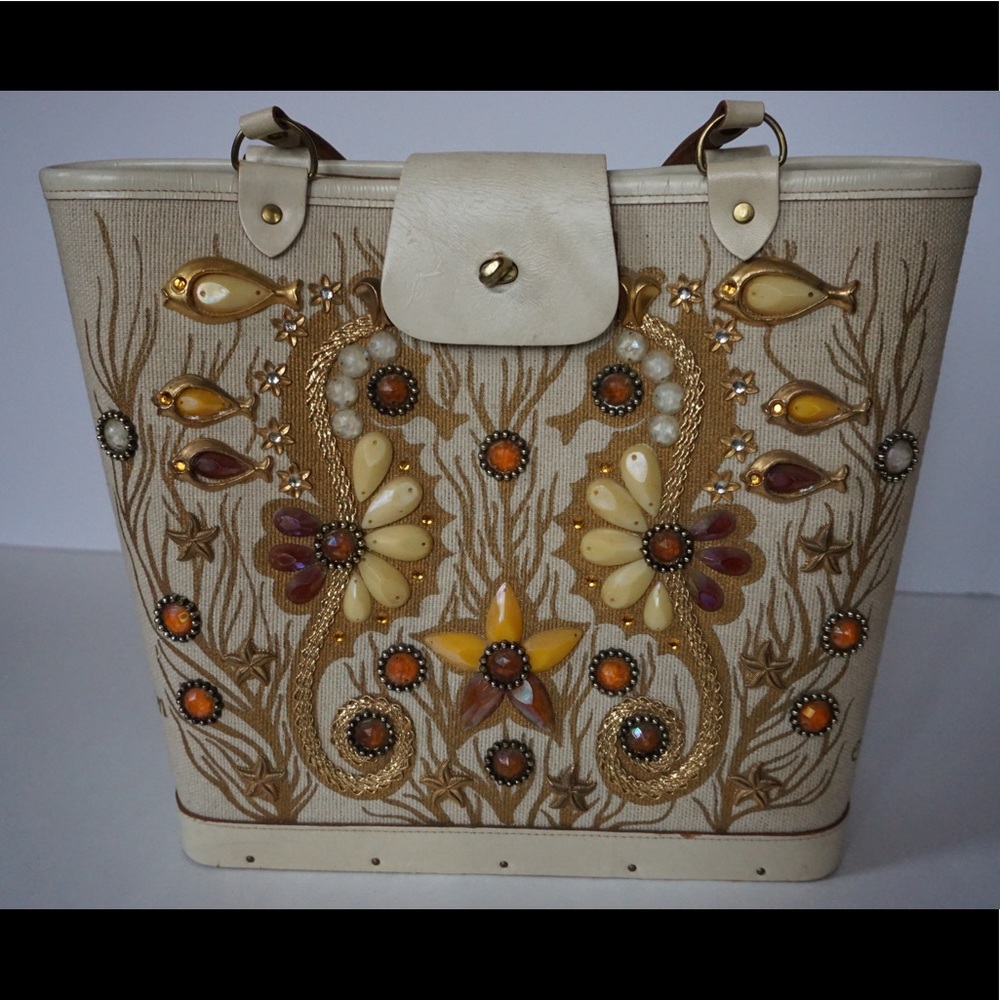 Vintage Collins of Texas “Sea Garden” Handbag, Canvas Jewels Wood Leather